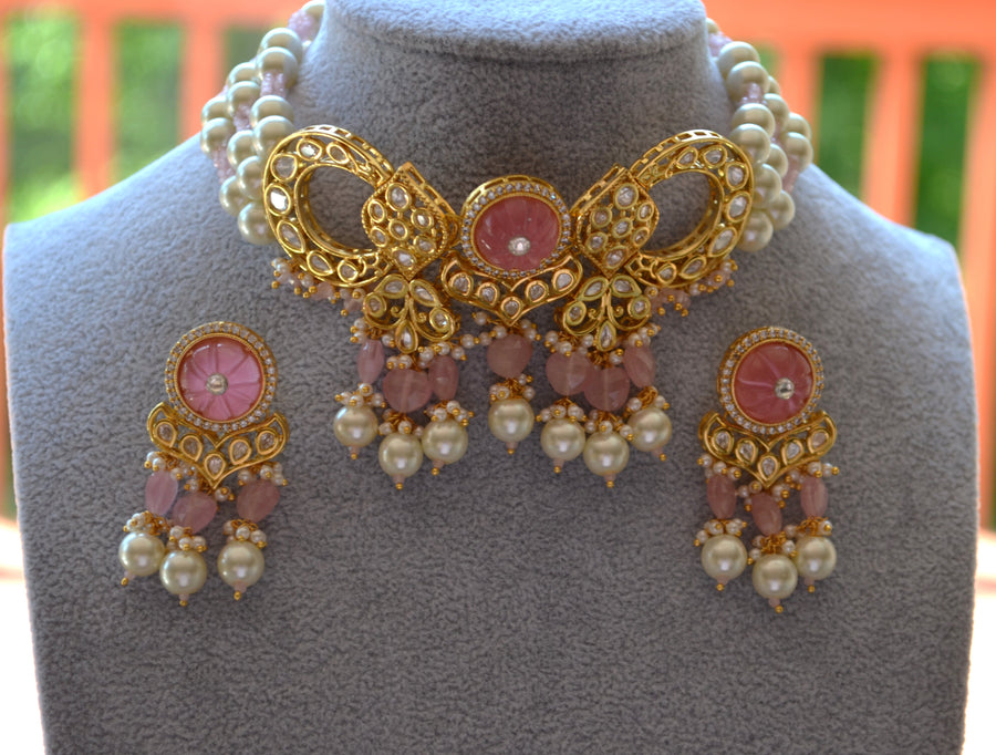 Amrapali Inspired Carved Stones Pearl Choker Set Necklaces