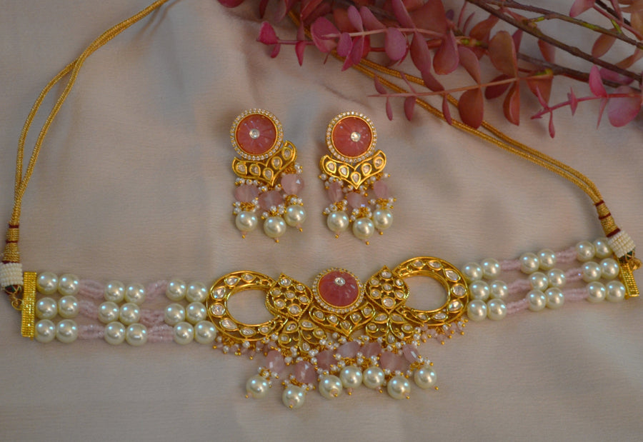 Amrapali Inspired Carved Stones Pearl Choker Set Pink Necklaces