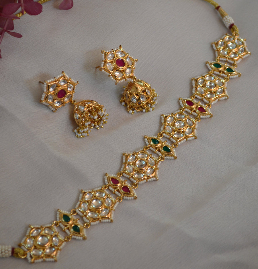Curvy Flower Tyaani Kundan Pearl Beaded Jhumki Earring Choker Set Necklaces