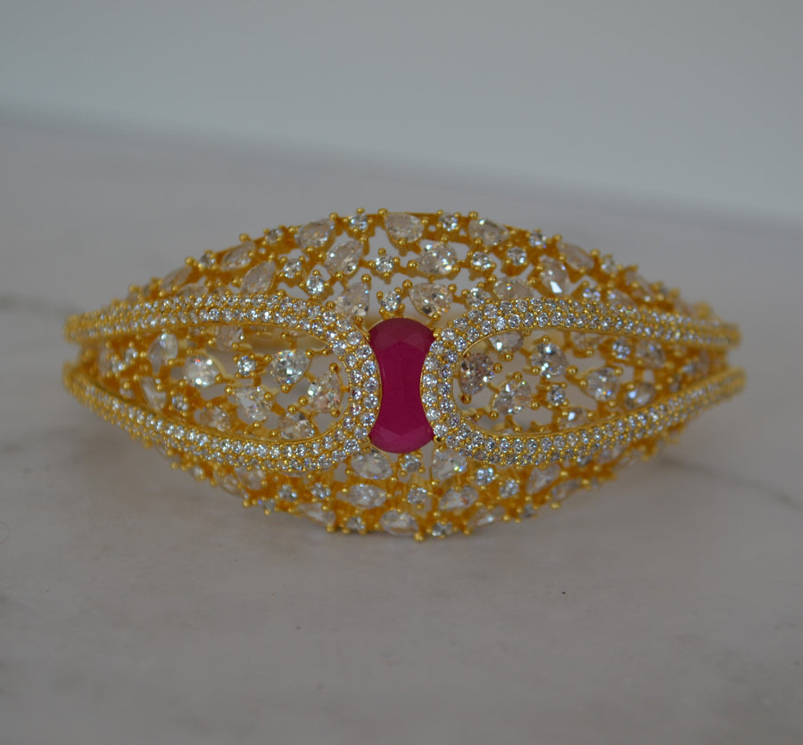 Cz Studded Uncut Diamond Openable Bracelet - Gold Finish Ruby Bracelets