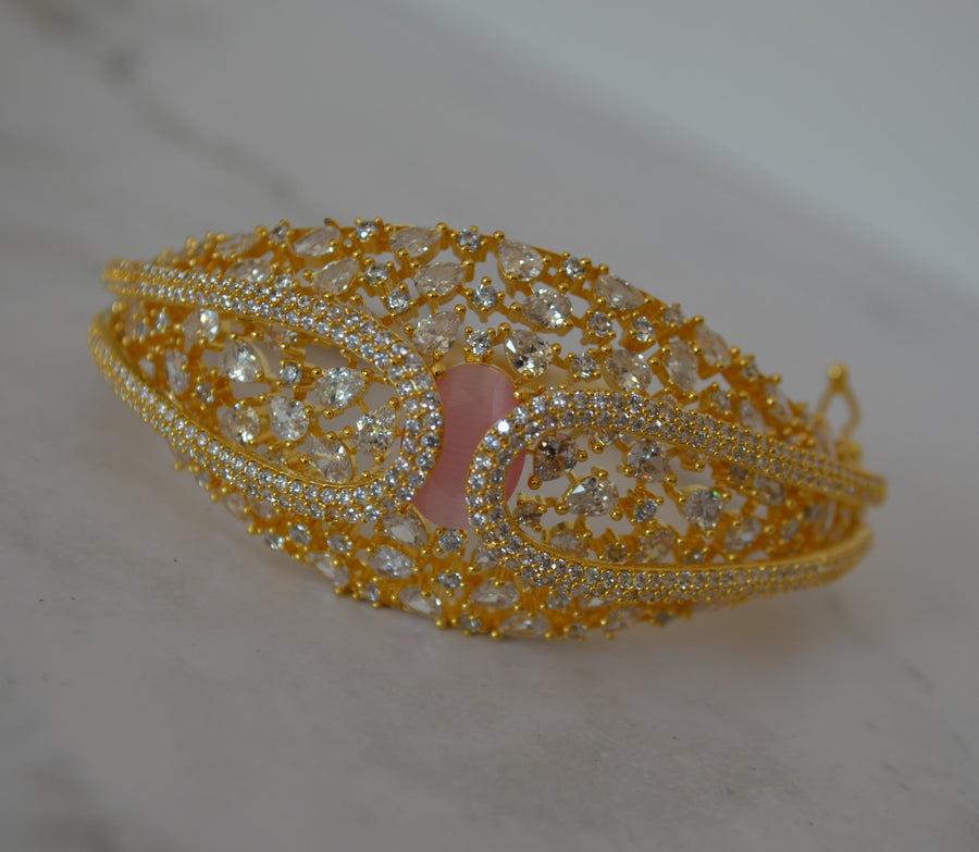 Cz Studded Uncut Diamond Openable Bracelet - Gold Finish Pink Bracelets