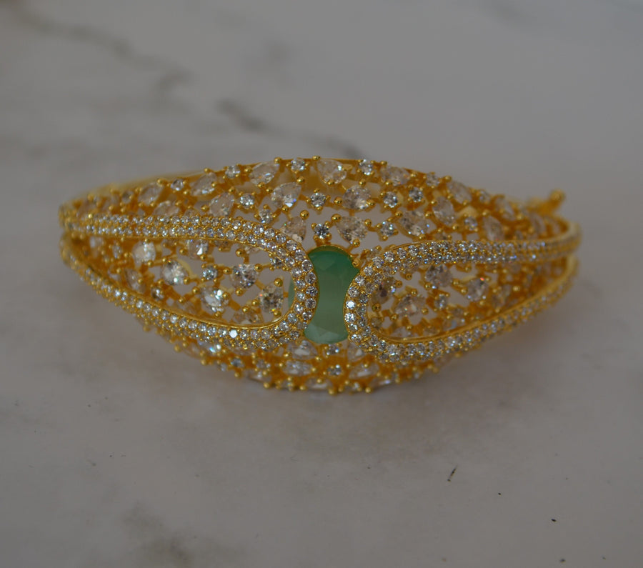 Cz Studded Uncut Diamond Openable Bracelet - Gold Finish Mint Green Bracelets