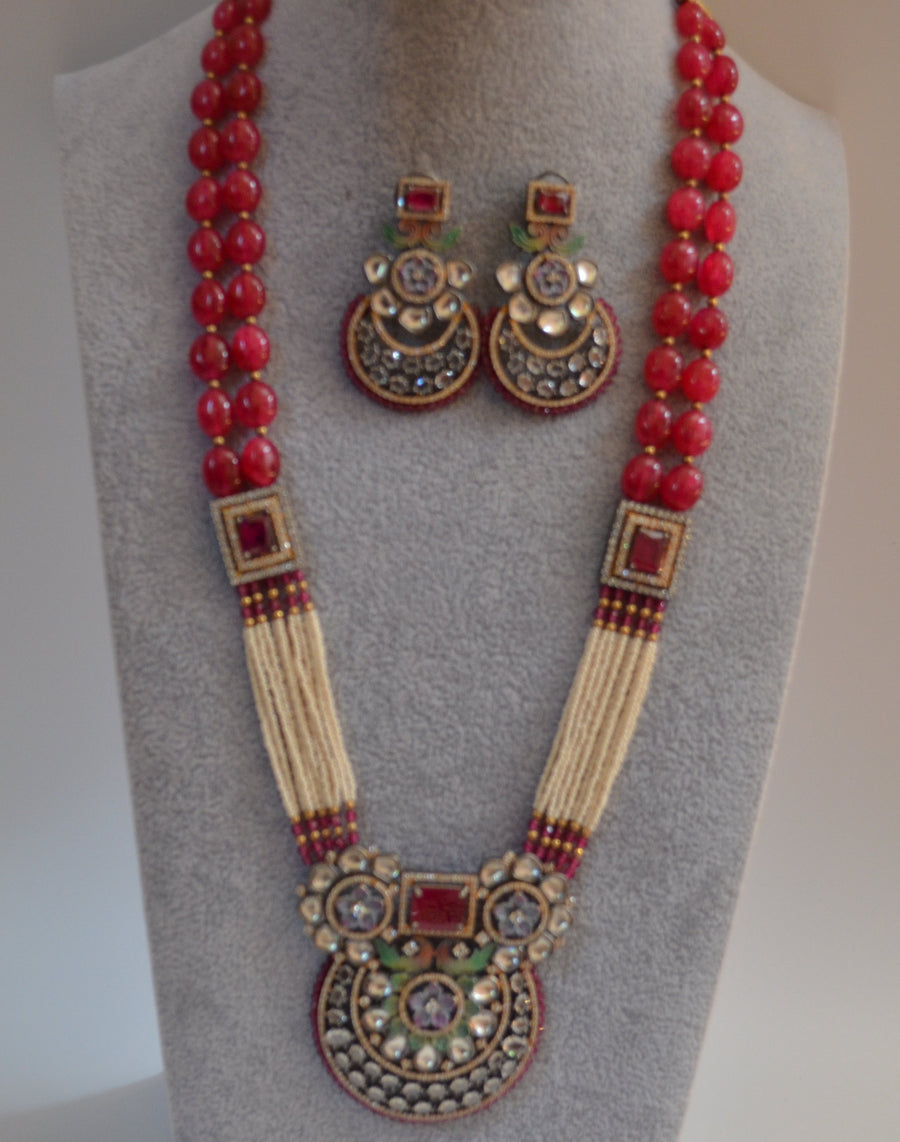 Designer Minakari Kundan Center Pendant Long Necklace Set Necklaces