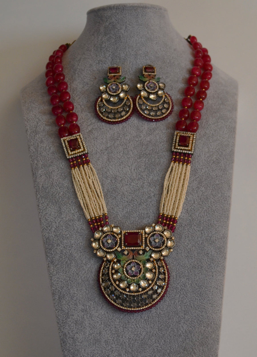 Designer Minakari Kundan Center Pendant Long Necklace Set Necklaces