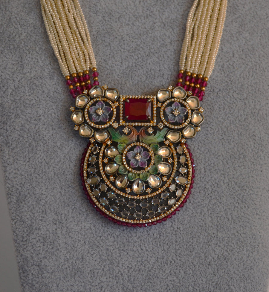 Designer Minakari Kundan Center Pendant Long Necklace Set Necklaces