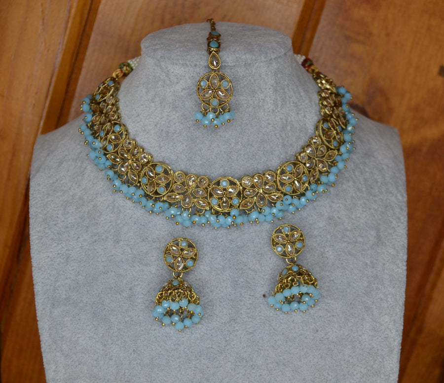 Aynoor Polki Necklace Set With Tikka Blue Necklaces