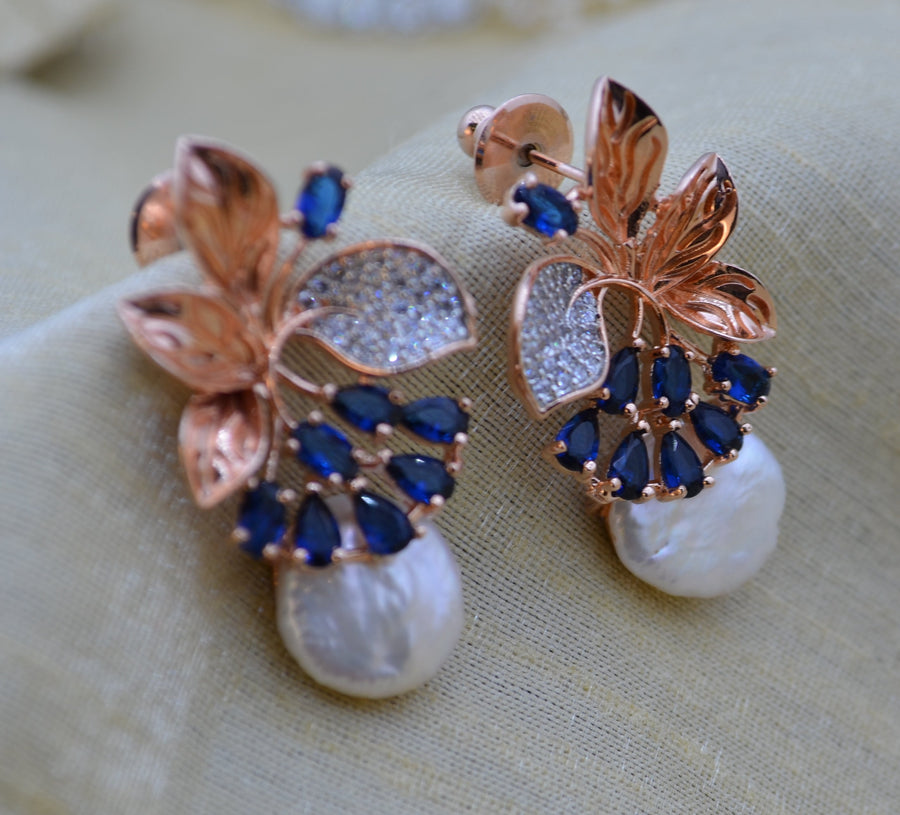 Cz Studded Flower Petal Shape Baroque Pearl Studs Sapphire Earrings