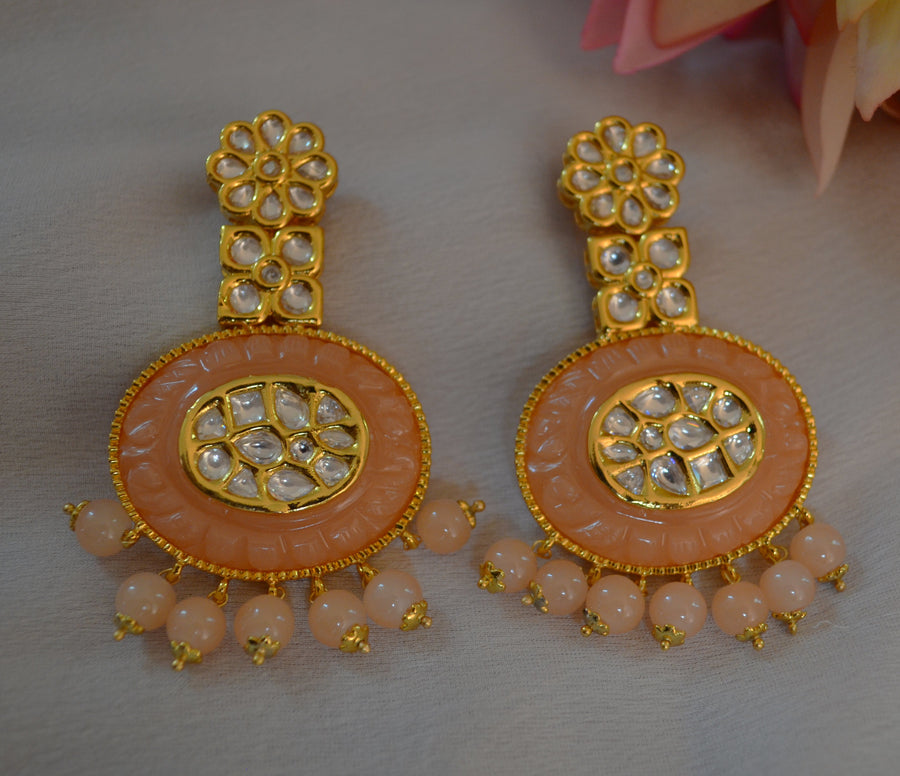 Rabia Amrapali Inspired Carved Stone Uncut Kundan Earrings Peach