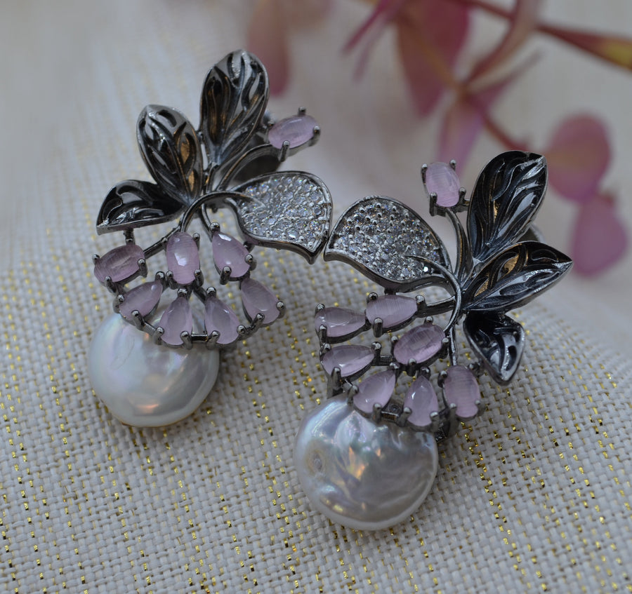 Cz Studded Flower Petal Shape Baroque Pearl Studs Pink Earrings