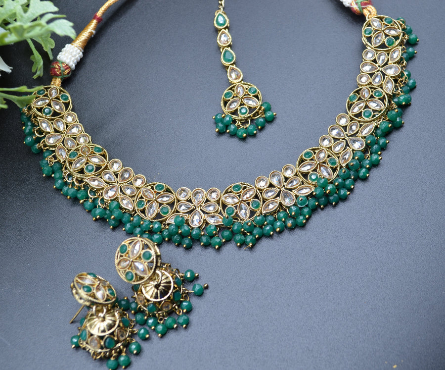 Aynoor Polki Necklace Set With Tikka Green Necklaces