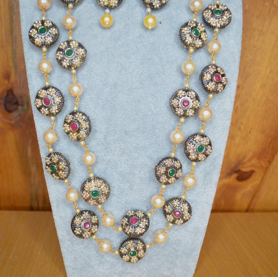 Tanjore Kundan Beads 2 Layer Necklace Set Necklaces