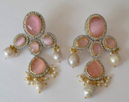 Amrapali Inspired Pink Carved Stones Pearl Choker Set Necklaces