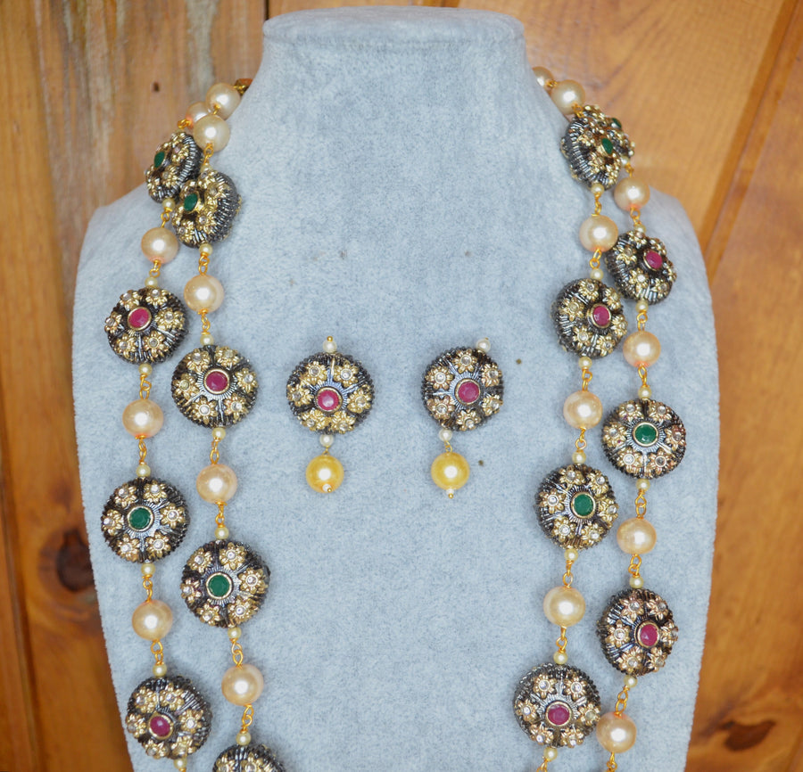 Tanjore Kundan Beads 2 Layer Necklace Set Necklaces