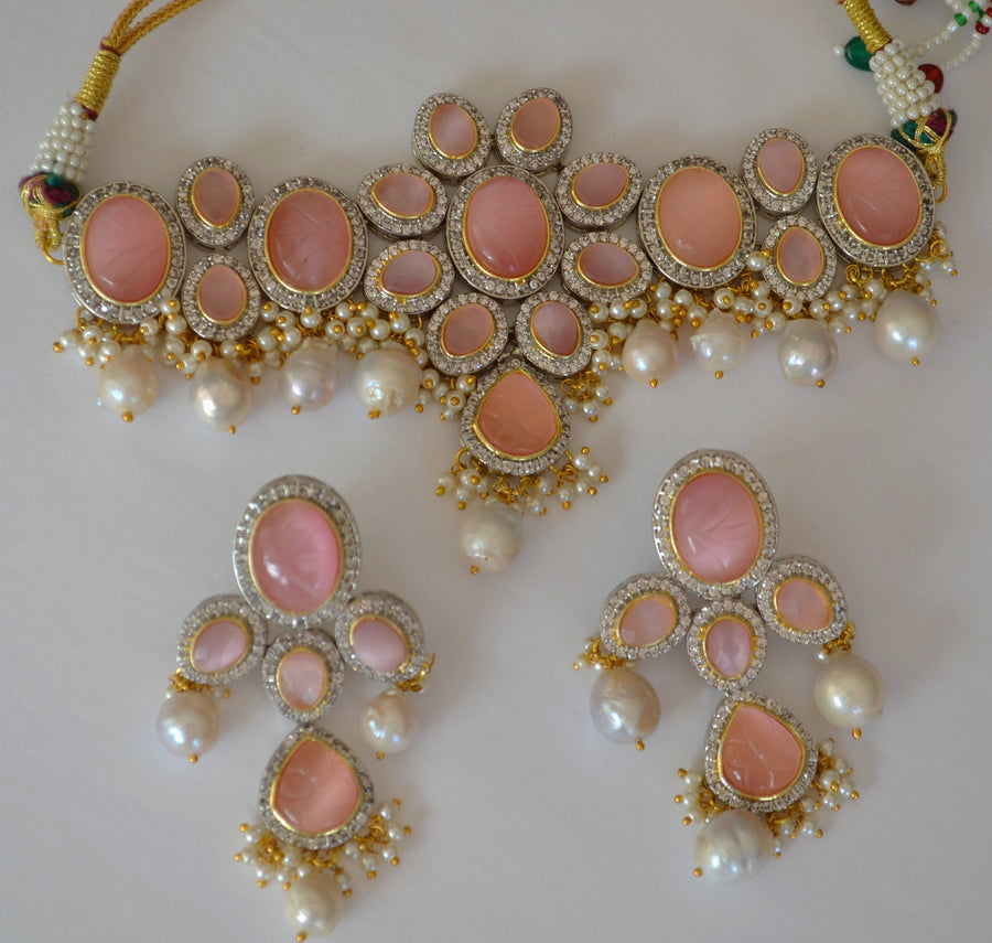 Amrapali Inspired Pink Carved Stones Pearl Choker Set Necklaces