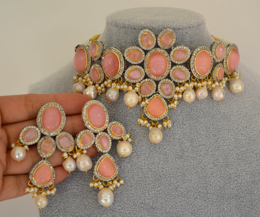 Amrapali Inspired Pink Carved Stones Pearl Choker Set Necklaces