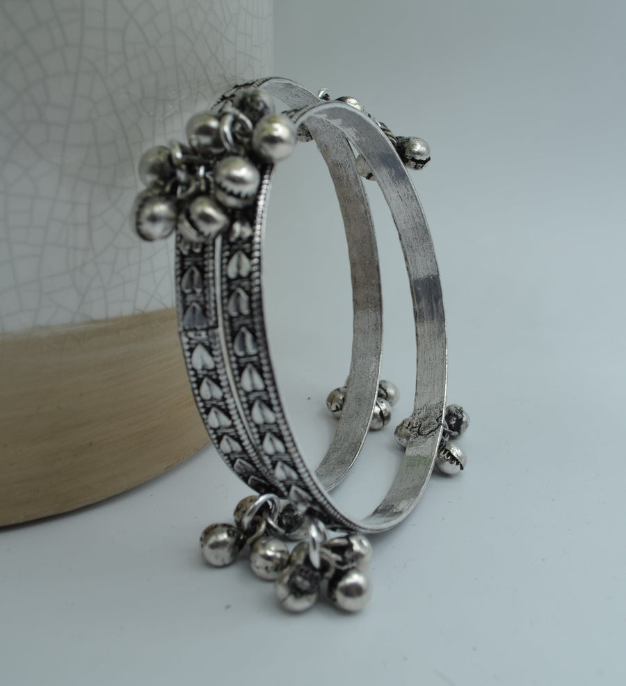 German Silver Non Openable Kada With Ghungroo Style 2 Bracelets