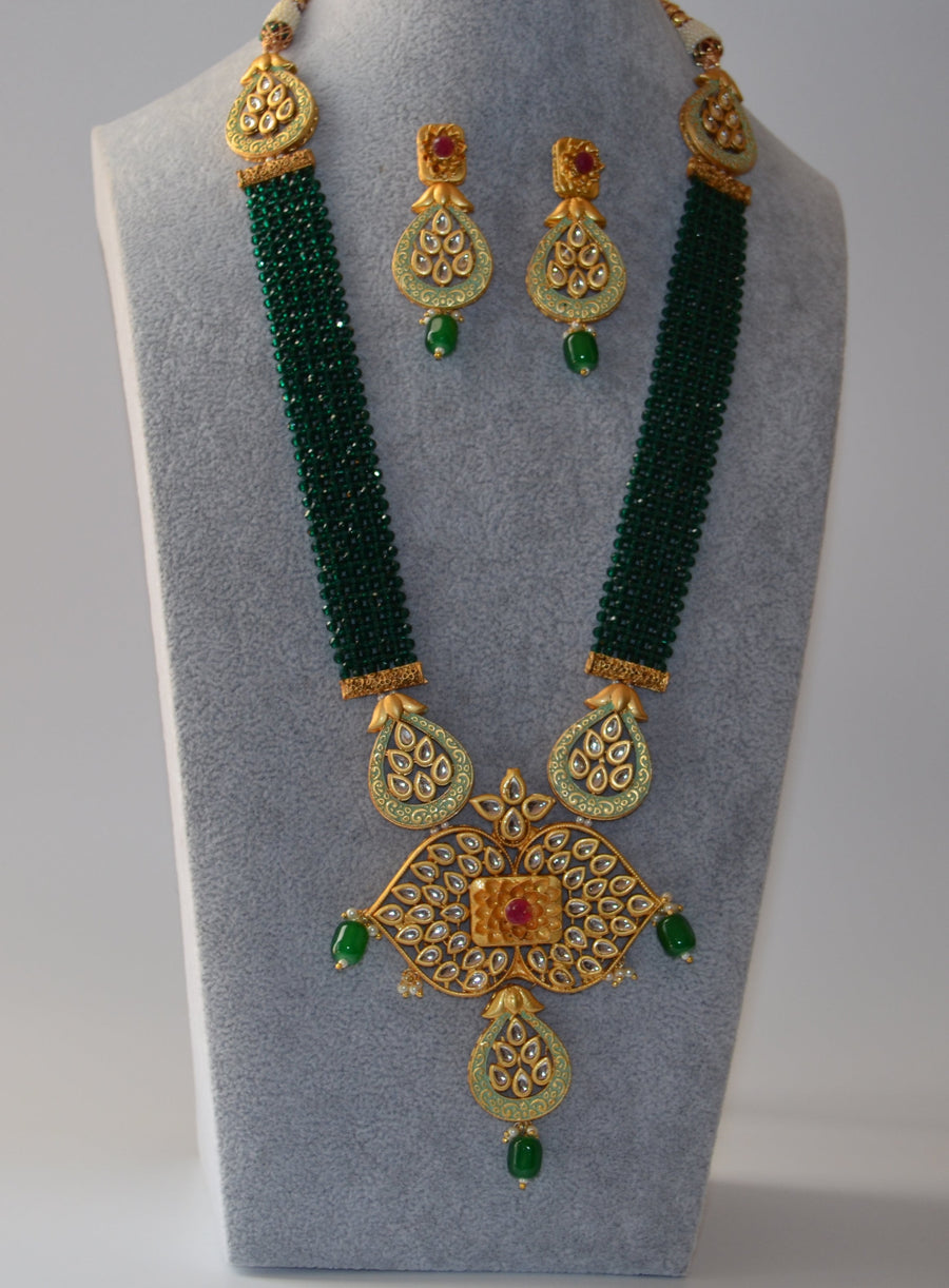 Meenakari Tyaani Kundan Long Nacklace Set Green Necklaces