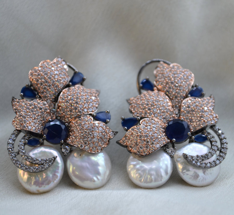 Cz Studded Flower Petal Design Baroque Pearl Earrings. Sapphire Earrings