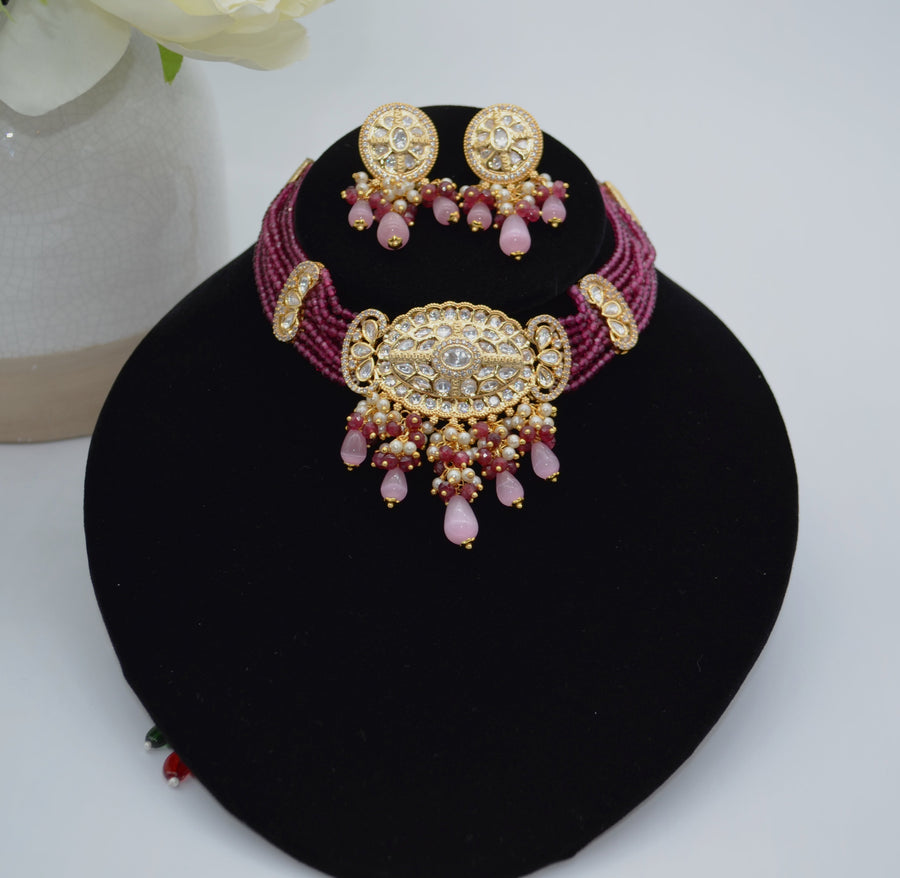 Naaz Pachi Kundan Choker Set Magenta Necklaces
