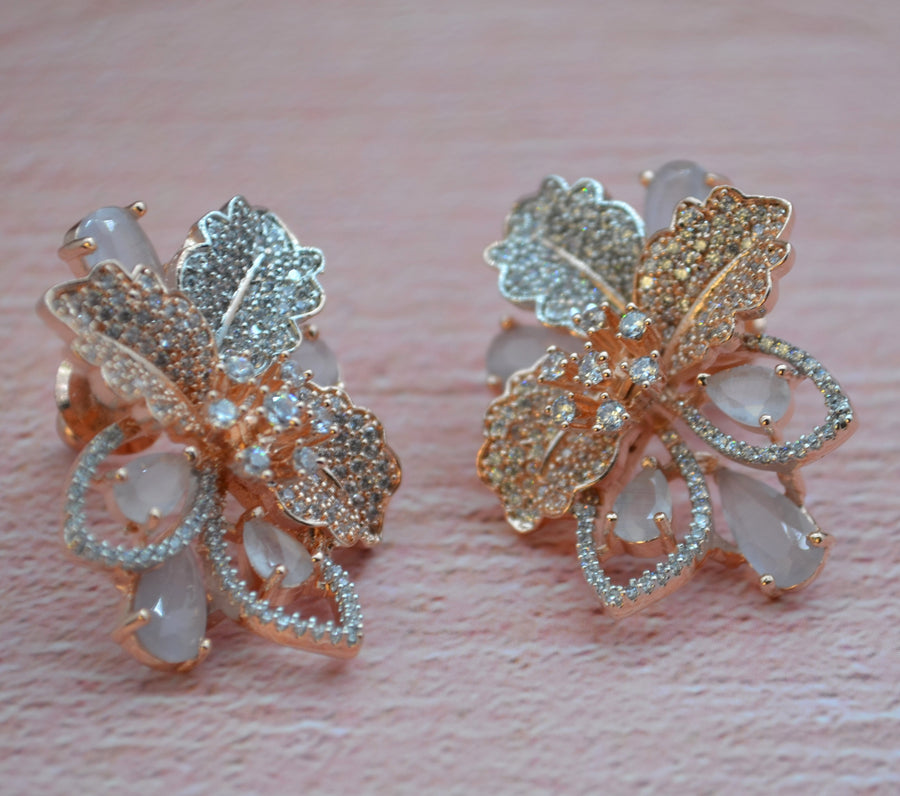 Cz 3D Flower Pave Studs Earrings