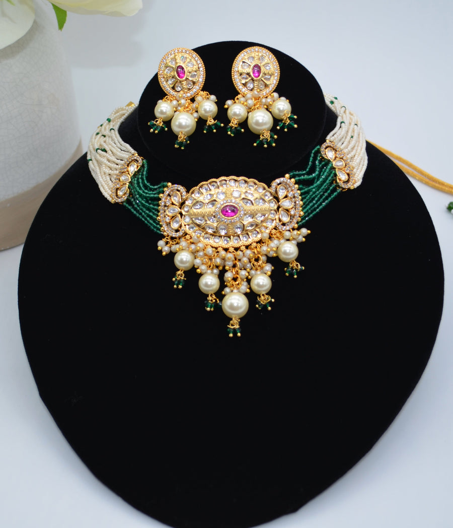 Naaz Pachi Kundan Choker Set Green With Seed Pearl Necklaces