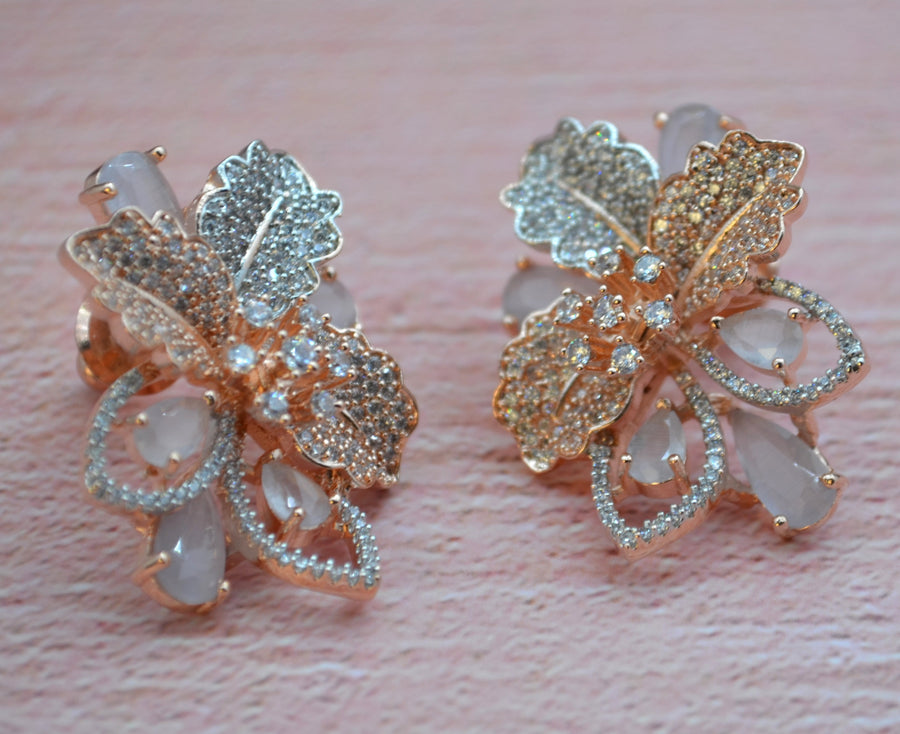 Cz 3D Flower Pave Studs Grey Earrings