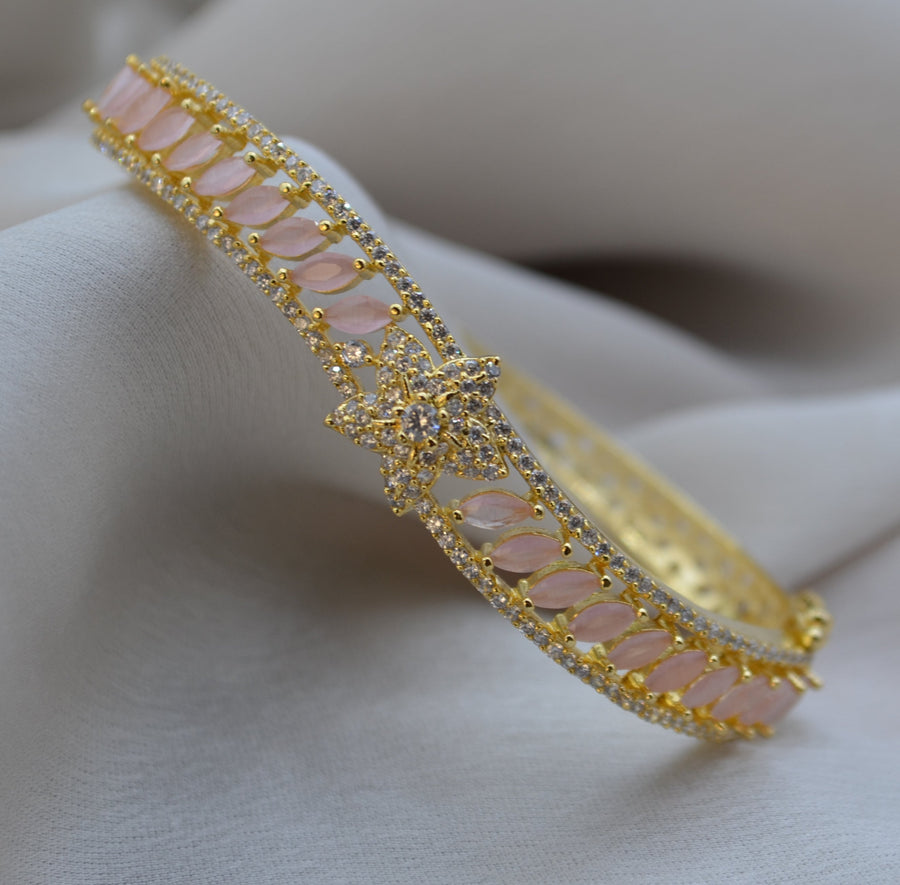 Simple Floral Cz Studded Monalisa Stone Openable Bracelet Pink Bracelets