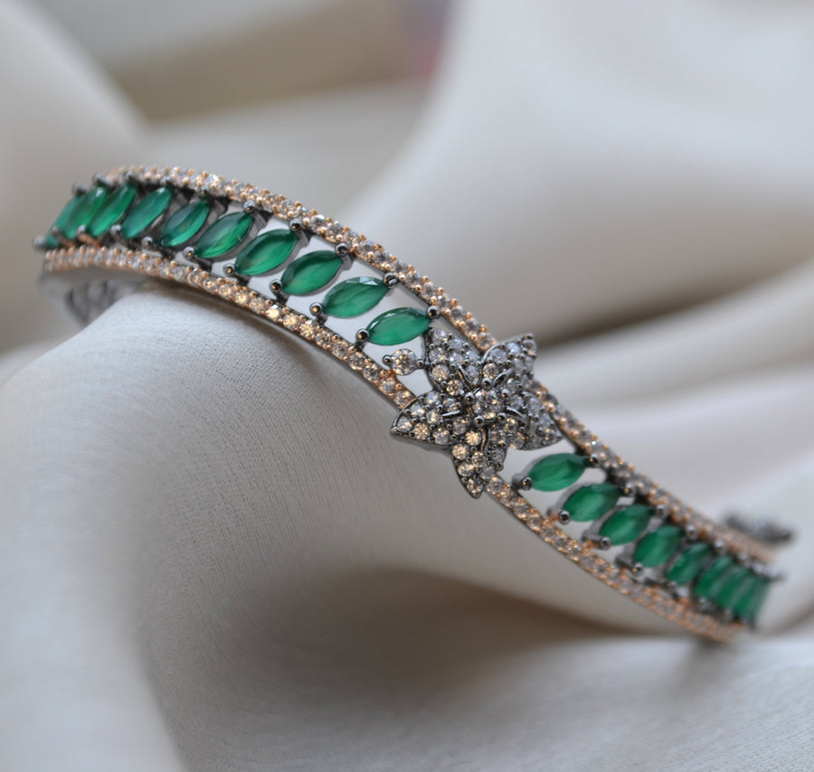 Simple Floral Cz Studded Monalisa Stone Openable Bracelet Green Bracelets