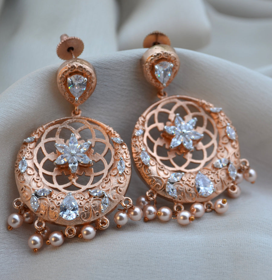 Inaya Cz Studded Flower Chandbali Earring Rose Gold Earrings
