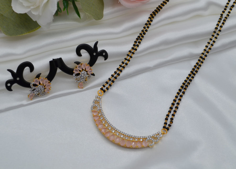 Pink Cubic Zirconia White Black Beads Mangalsutra Necklace Set Necklaces