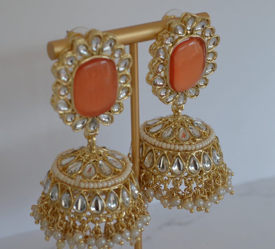 Pachi Kundan Jhumki With Pearl Tassels Orange Earrings