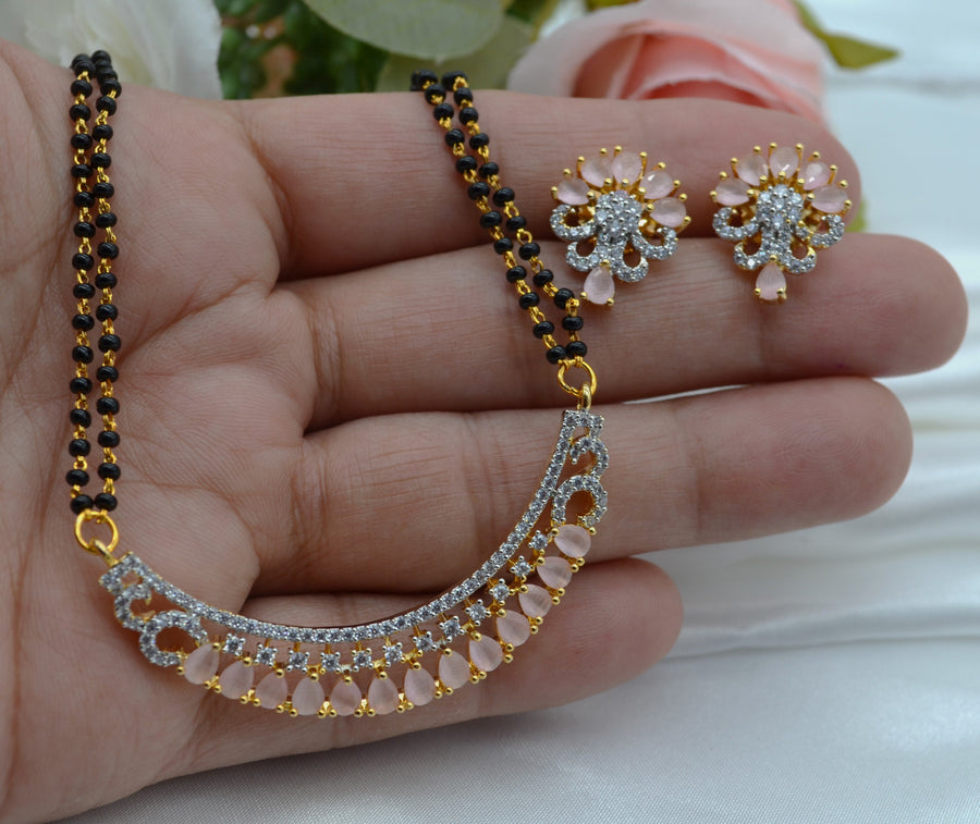 Pink Cubic Zirconia White Black Beads Mangalsutra Necklace Set Necklaces