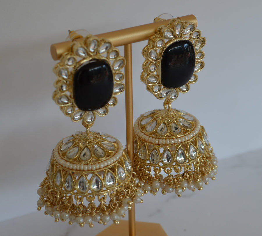 Pachi Kundan Jhumki With Pearl Tassels Black Earrings