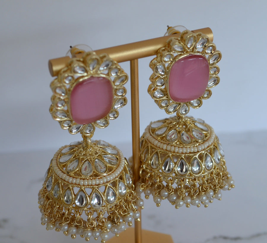 Pachi Kundan Jhumki With Pearl Tassels Pink Earrings