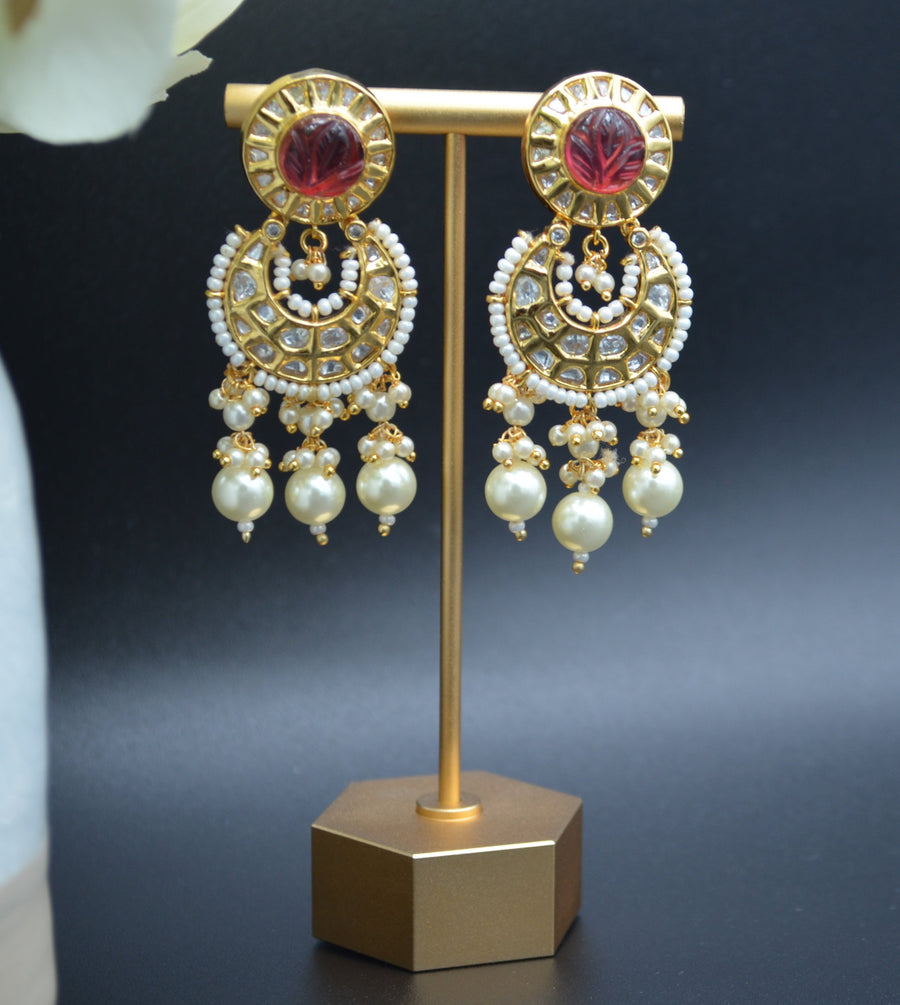 Amrapali Inspired Carved Stone Uncut Kundan Chandbali Style Earrings