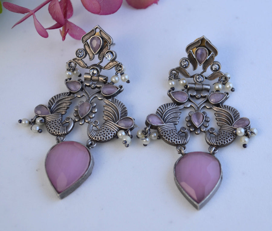 Mayuree German Silver Statement Earrings Pink