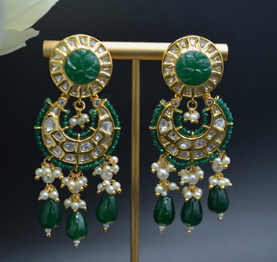 Amrapali Inspired Carved Stone Uncut Kundan Chandbali Style Earrings Green