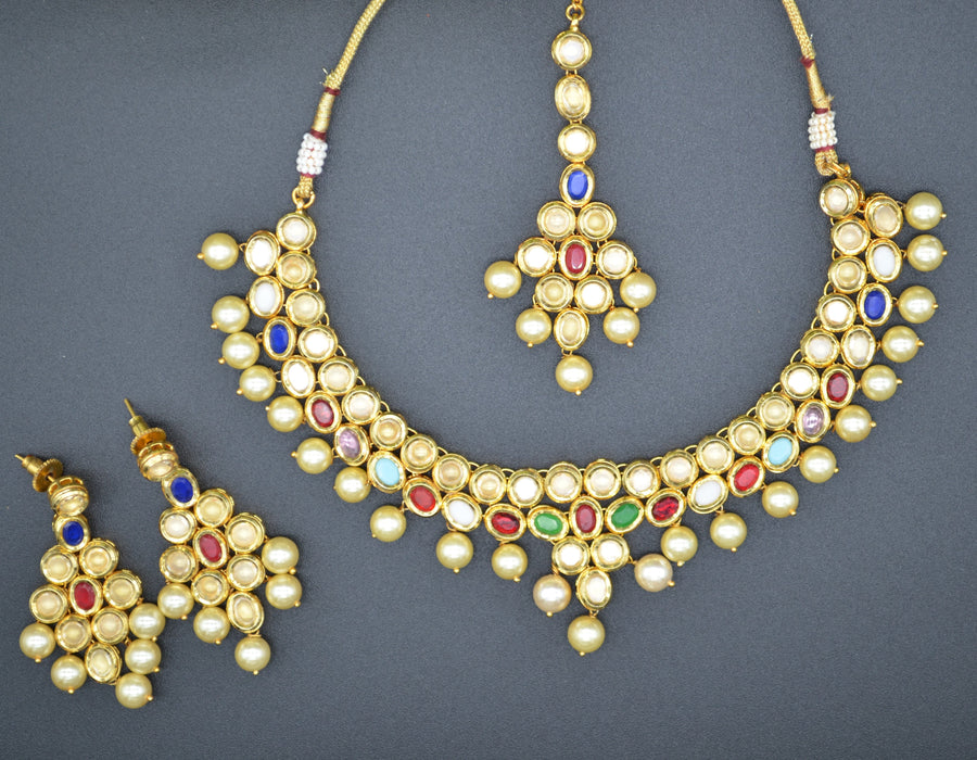 Amira Navratan Uncut Kundan Choker Necklace Set With Tikka Necklaces