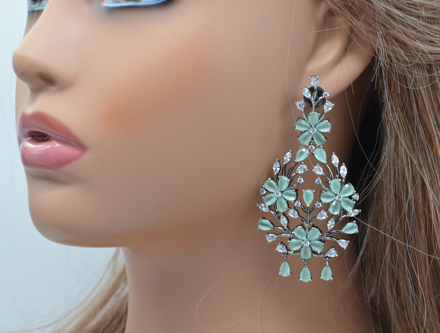 Mint Zirconia Flower Earrings - Victorian