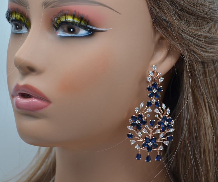 Navy Zirconia Flower Earrings - Rose Gold