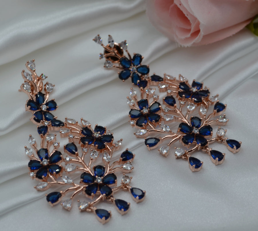 Navy Zirconia Flower Earrings - Rose Gold