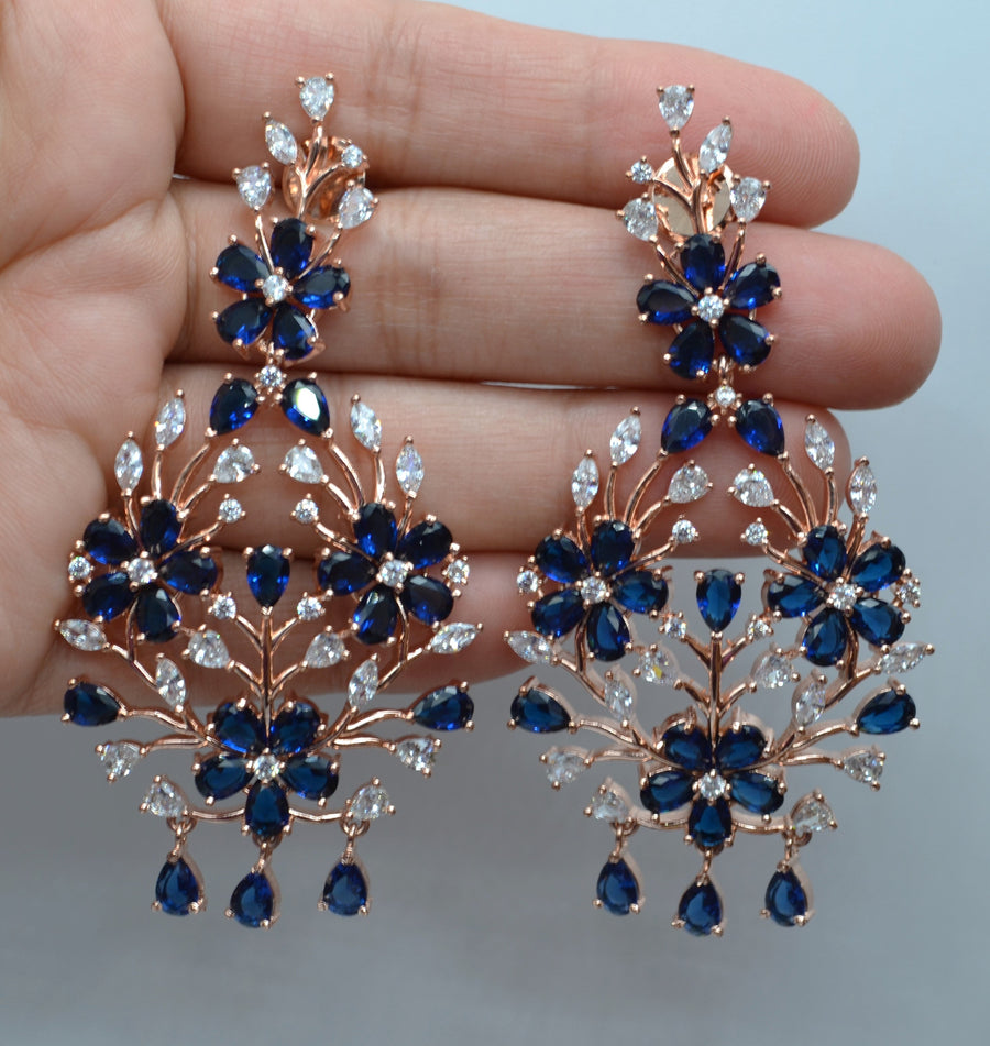 Navy Zirconia Flower Earrings - Rose Gold