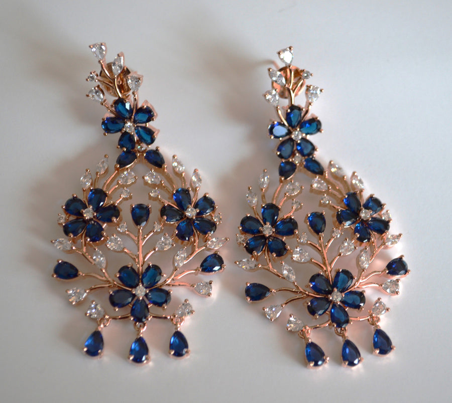 Navy Zirconia Flower Earrings - Rose Gold