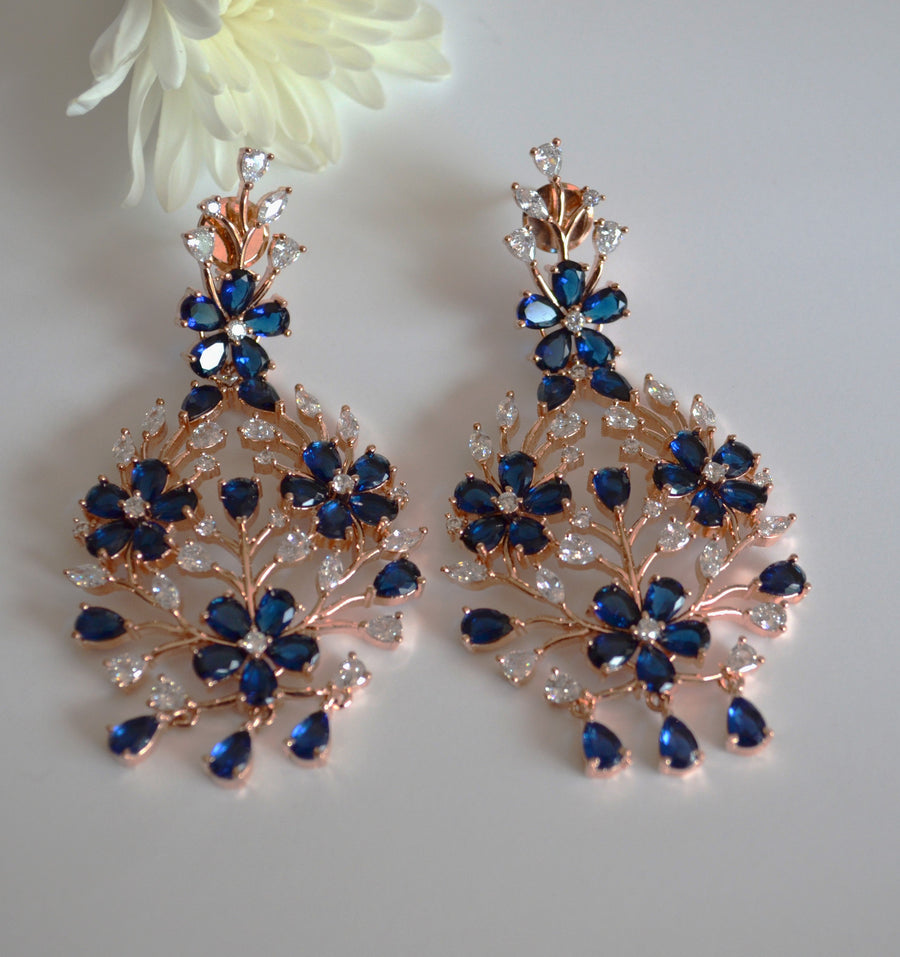 Navy Zirconia Flower Earrings - Rose Gold