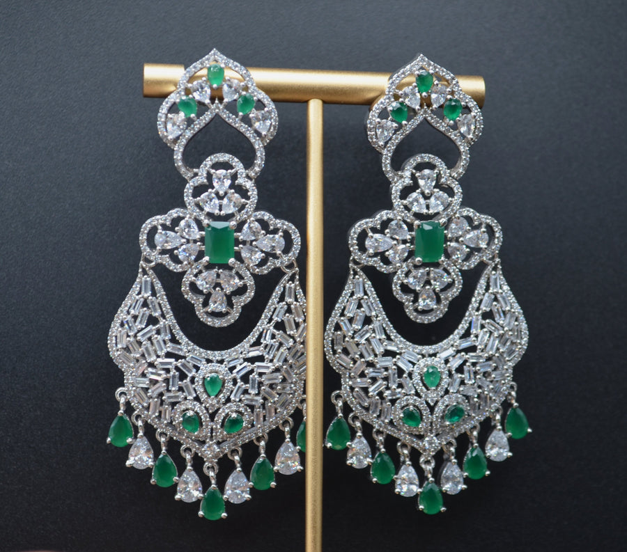 Statement American Diamonds & Baguette Stone Earrings With Monalisa Stones Green