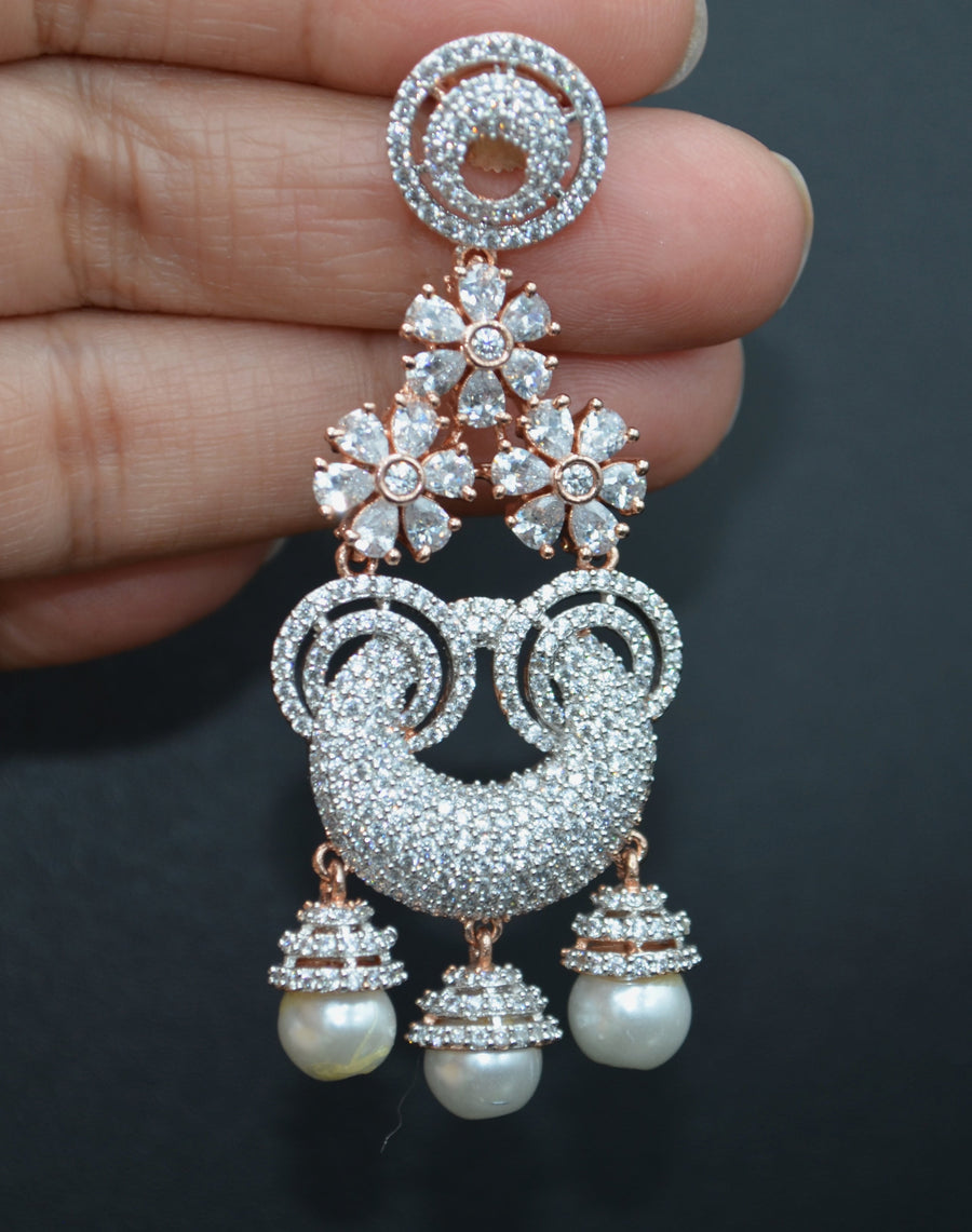 Flower Dangler Cz Earrings With Pearl Drops
