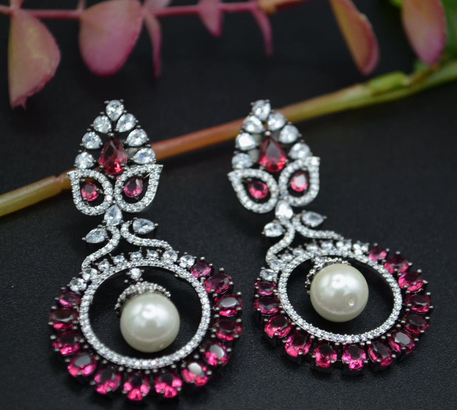 American Diamond Monalisa Stone Earrings With Pearl Drop Ruby