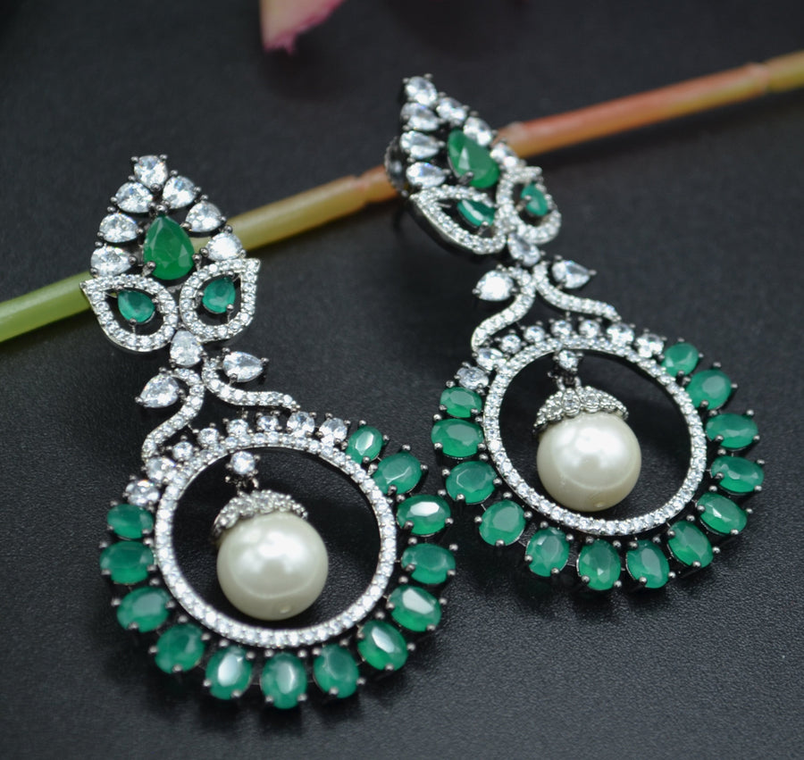 American Diamond Monalisa Stone Earrings With Pearl Drop