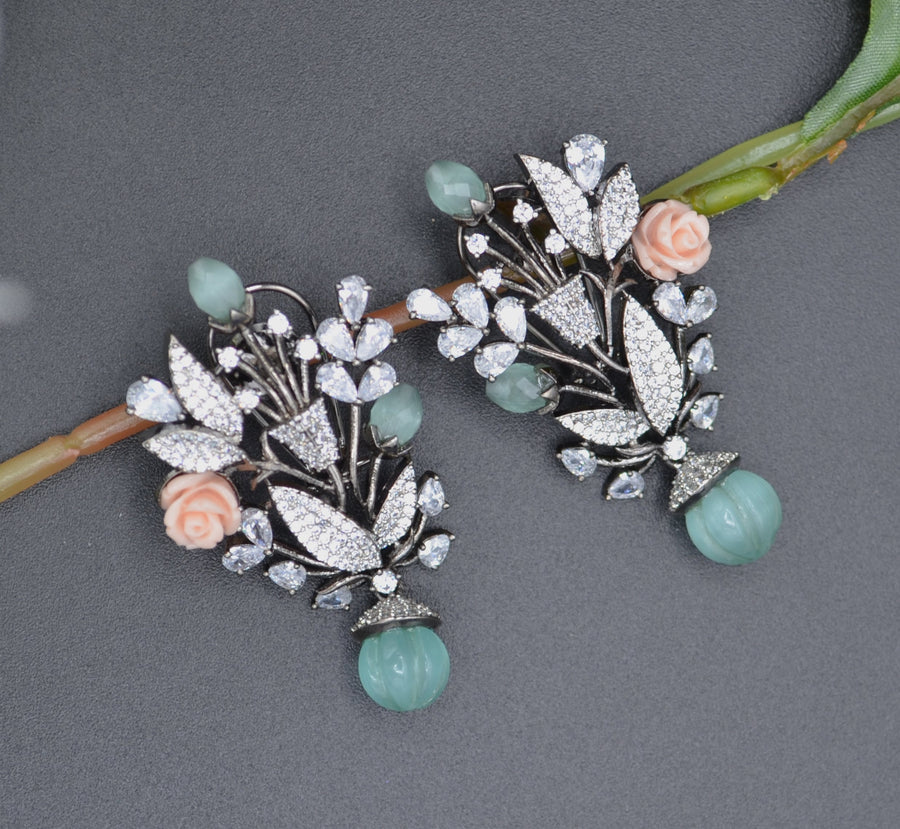 Gorgeous Monalisa Flower Cz Studded Earrings Aqua Green Ear Care