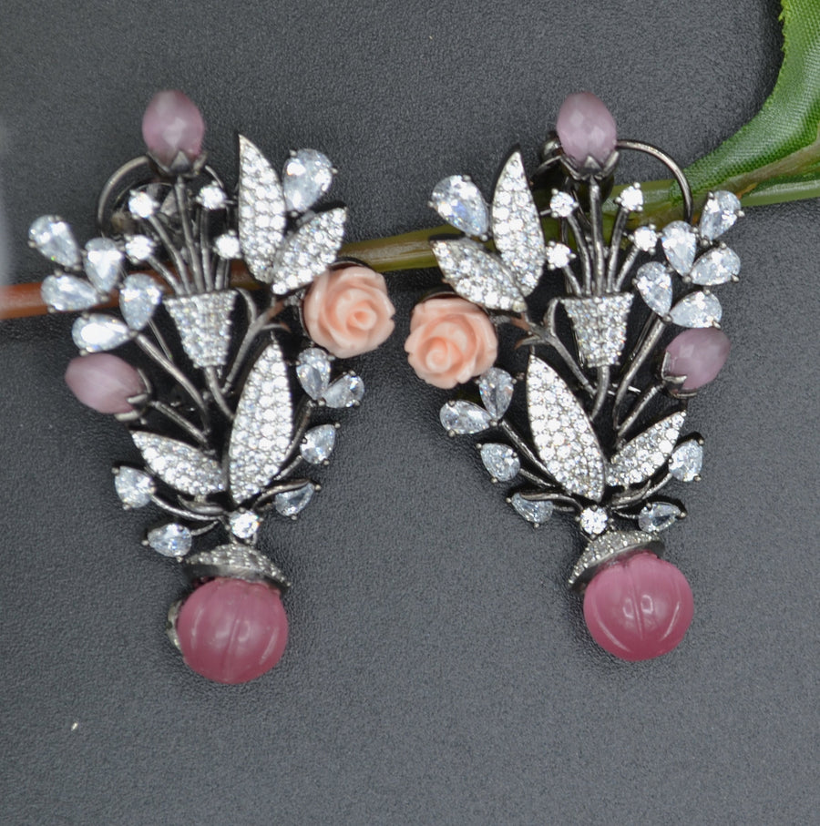 Gorgeous Monalisa Flower Cz Studded Earrings Pink Ear Care
